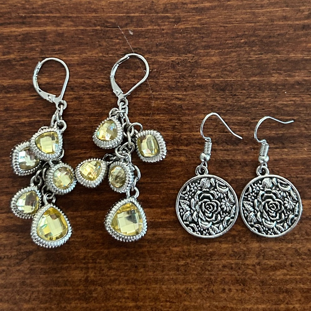 Silver-tone and Yellow Dangle Earrings - 2 Pairs